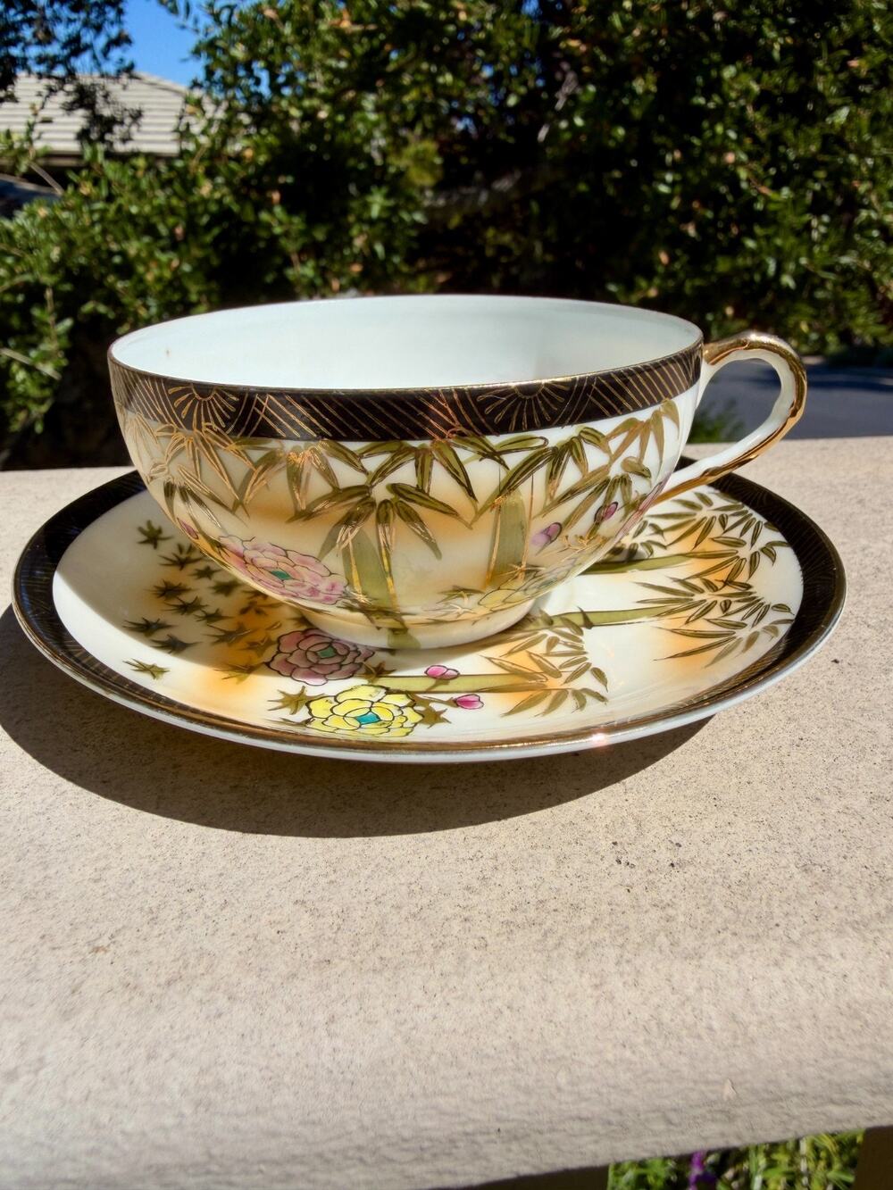 Antique Nippon Era Japan Porcelain Teacup Saucer Bamboo Floral Gold c1910